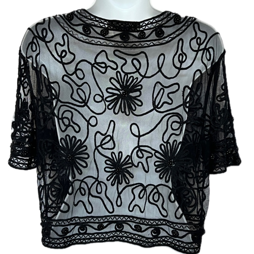 Valenti Beaded Black Lace Top Size L Deep V Neck 3 button 100% Rayon - Picture 3 of 5